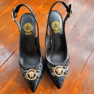 Versace Black Patent Leather Sling Back Pumps.
